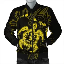 Hawaiian Map Kanaka Hibiscus Turtle Yellow Polynesian Bomber Jacket - AH