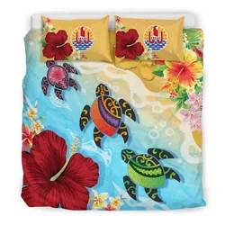 FamilyGater Bedding Set - Cover and Pillow Cases Tahiti Duvet Covers - Turtle Polynesian Hibiscus A10