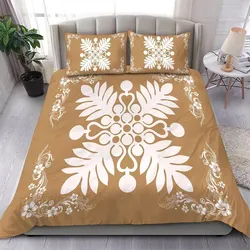 Alohawaii Home Set - Hawaiian Quilt Maui Plant And Hibiscus Pattern Bedding Set - White Gold - AH J8