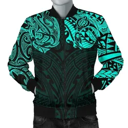 New Zealand Mens Bomber Jacket, Maori Polynesian Tattoo Turquoise