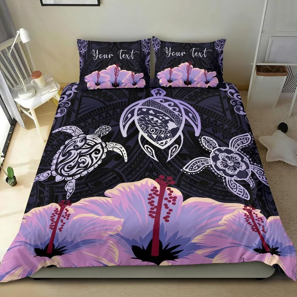 Hawaii Map Turtle Hibiscus Polynesian Luxury Personalized Bedding Set - Honu Ohana - Purple