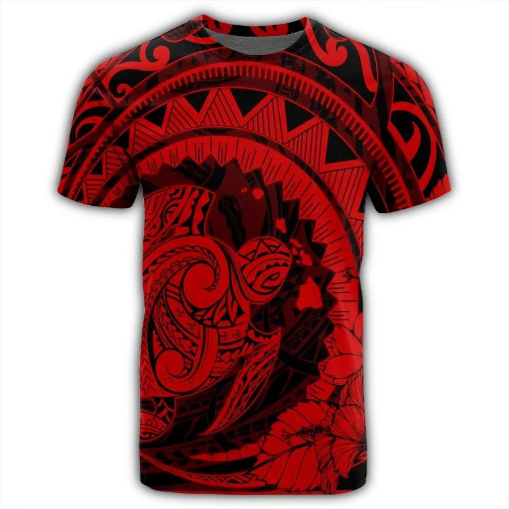 Hawaiian Kanaka Honu Map Hibiscus Globular Polynesian Red T-Shirt - AH
