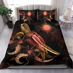 Nauru Polynesian Bedding Set - Turtle With Blooming Hibiscus Gold