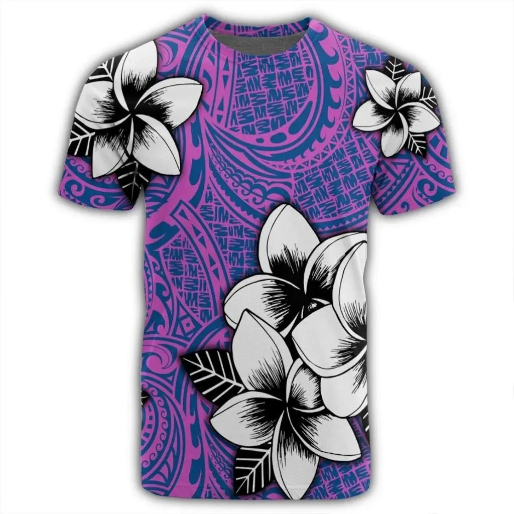 Alohawaii Tee - Hawaiian Plumeria Tribal Pink Polynesian T-Shirt Blue AH - J0R