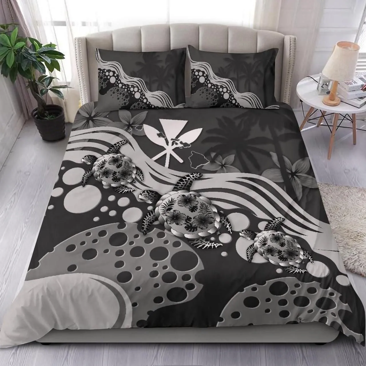 Polynesian Duvet Cover Set - Hawaii Bedding Set Gray Turtle Hibiscus