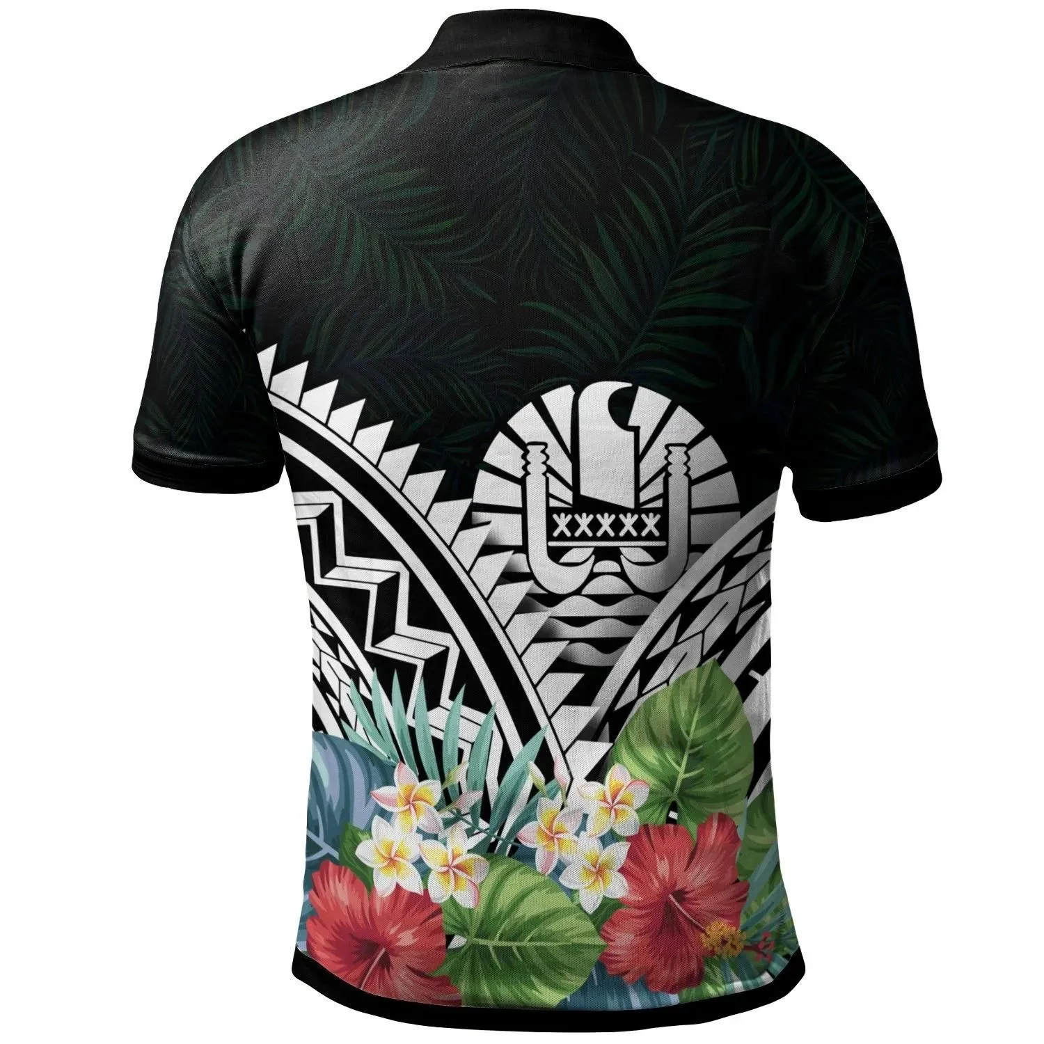 Alohawaii Shirt - Polo Shirt Tahiti - Tahiti Coat of Arms & Polynesian Tropical Flowers White - BN22
