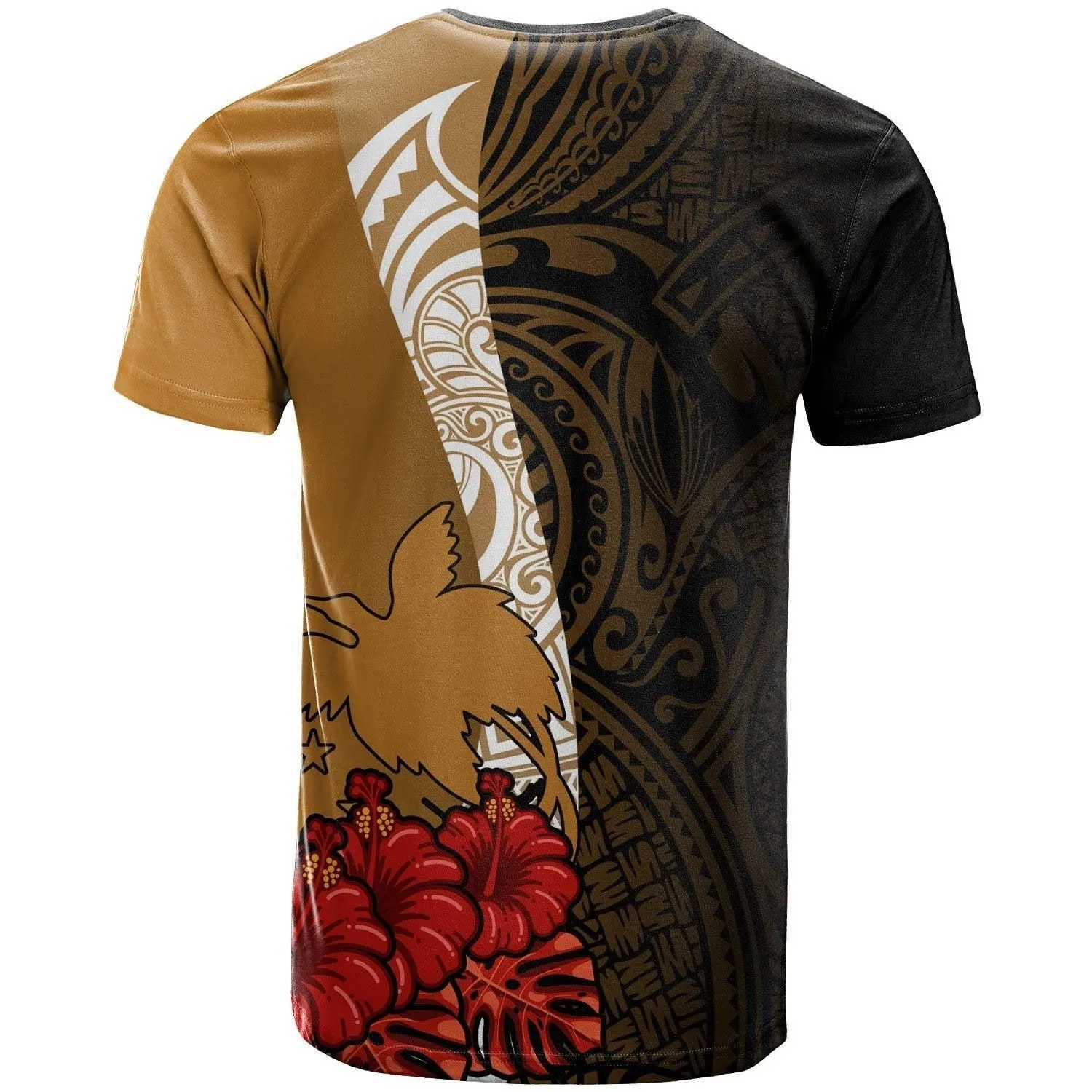 Papua New Guinea Polynesian T shirt - Coat Of Arms With Hibiscus Gold
