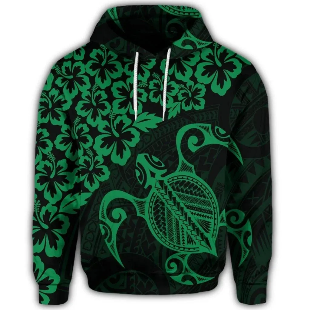 Alohawaii Hoodie - Hawaiian Map Turtle Hibiscus Kanaka Polynesian Hoodie - Green - AH - J4R