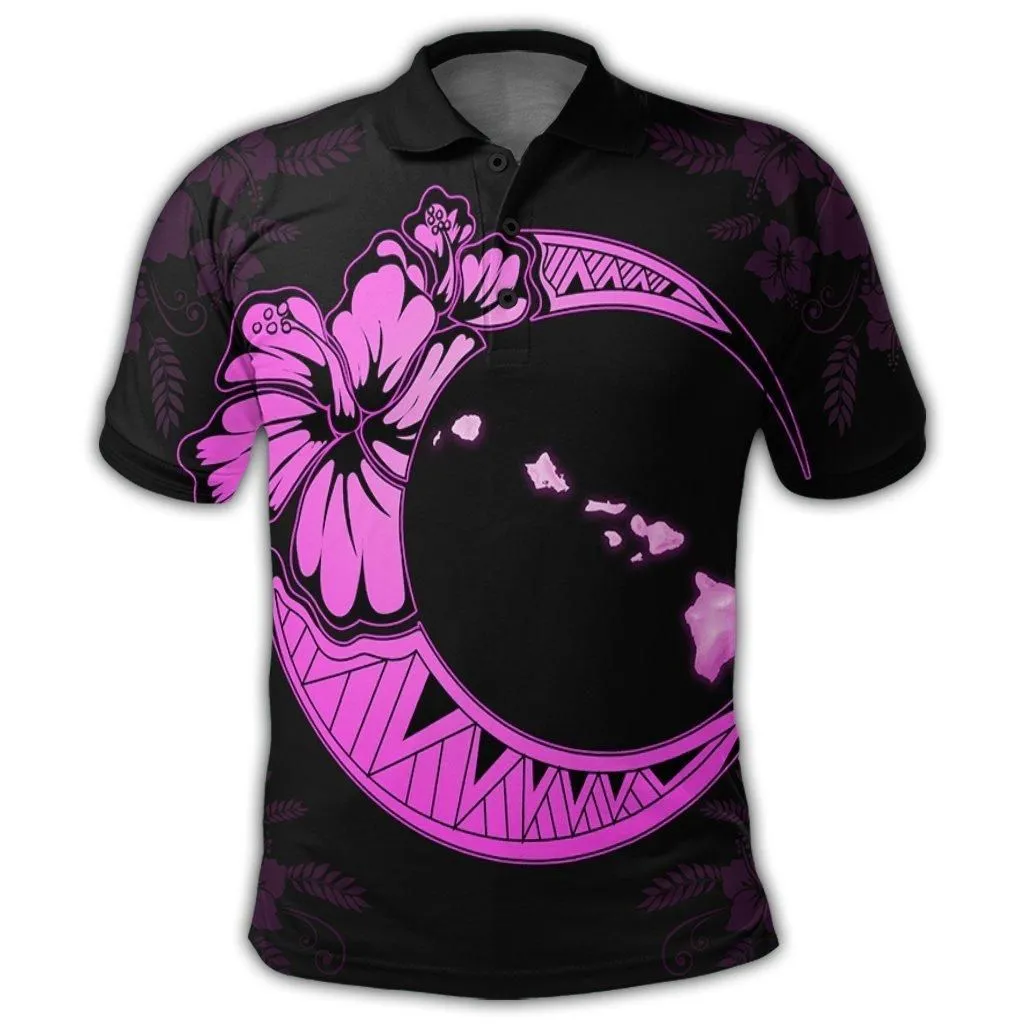 Hawaiian Map Hibiscus Turtle Polynesian Moon Polo Shirt Pink