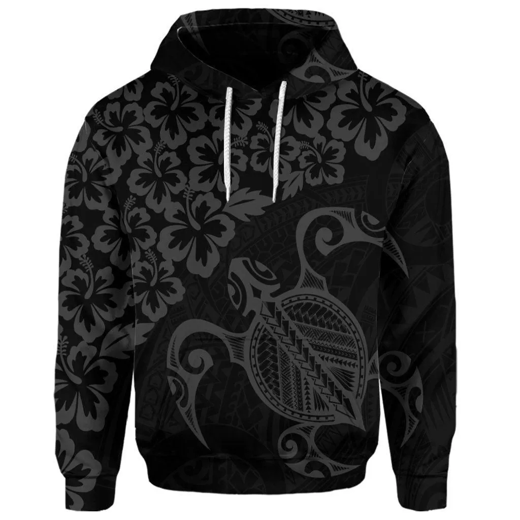 (Personalised) Hawaiian Map Turtle Hibiscus Kanaka Polynesian Hoodie - Gray