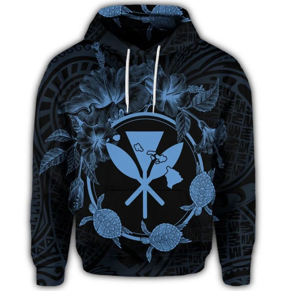 Hawaiian Kanaka Turtle Hibiscus Polynesian Hoodie - Anthea Style Pastel Blue