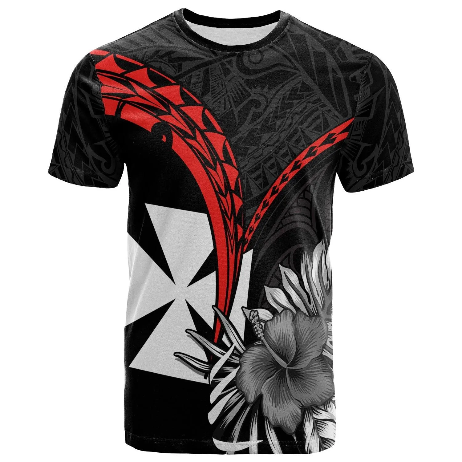 (Custom Personalised) Wallis et Futuna T Shirt Polynesian Pattern and Hibiscus Flowers Version Black LT13