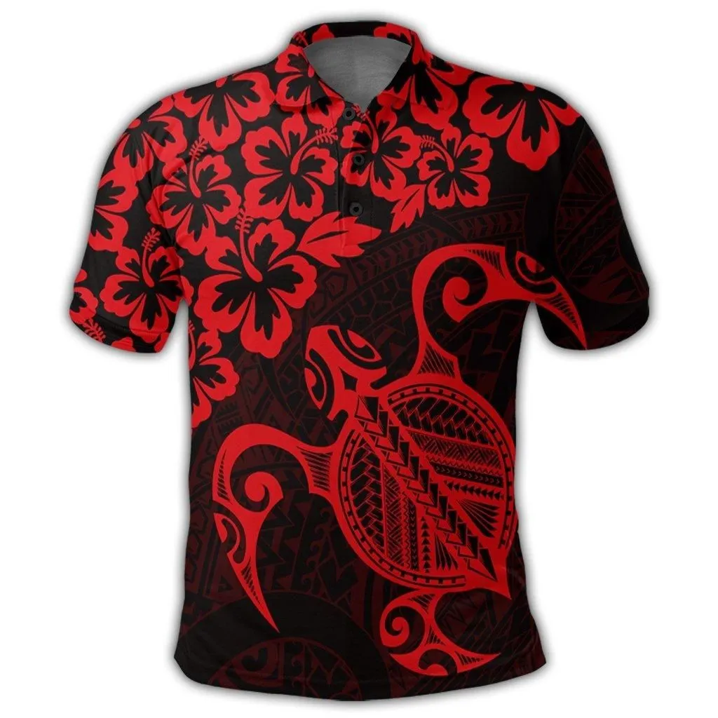 Hawaiian Map Turtle Hibiscus Kanaka Polynesian Polo Shirt - Red - AH
