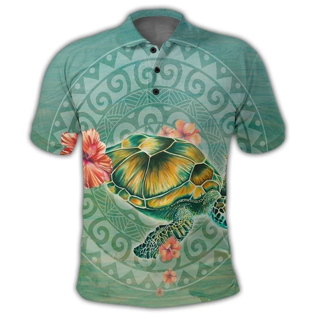 Hawaiian Turtle and Hibiscus Polynesian Polo Shirt