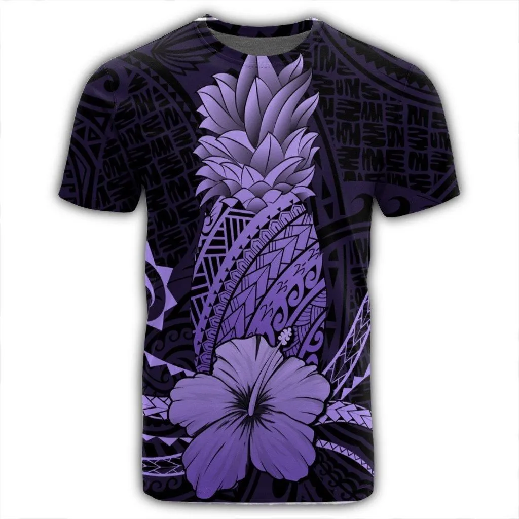 Hawaii Polynesian Pineapple Hibiscus T-Shirt - Purple - AH