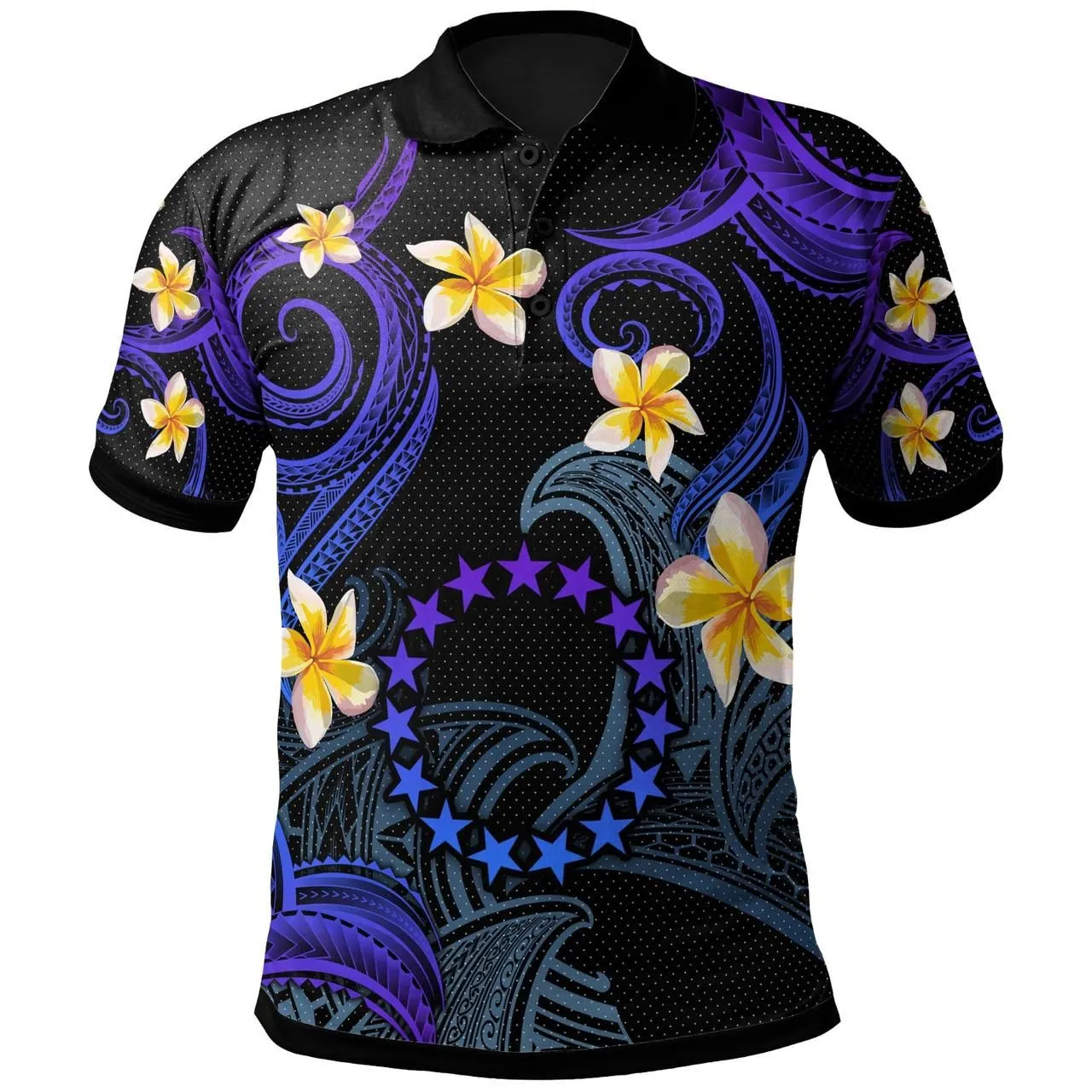 Cook Islands Polo Shirt - Custom Personalised Polynesian Waves with Plumeria Flowers (Blue)