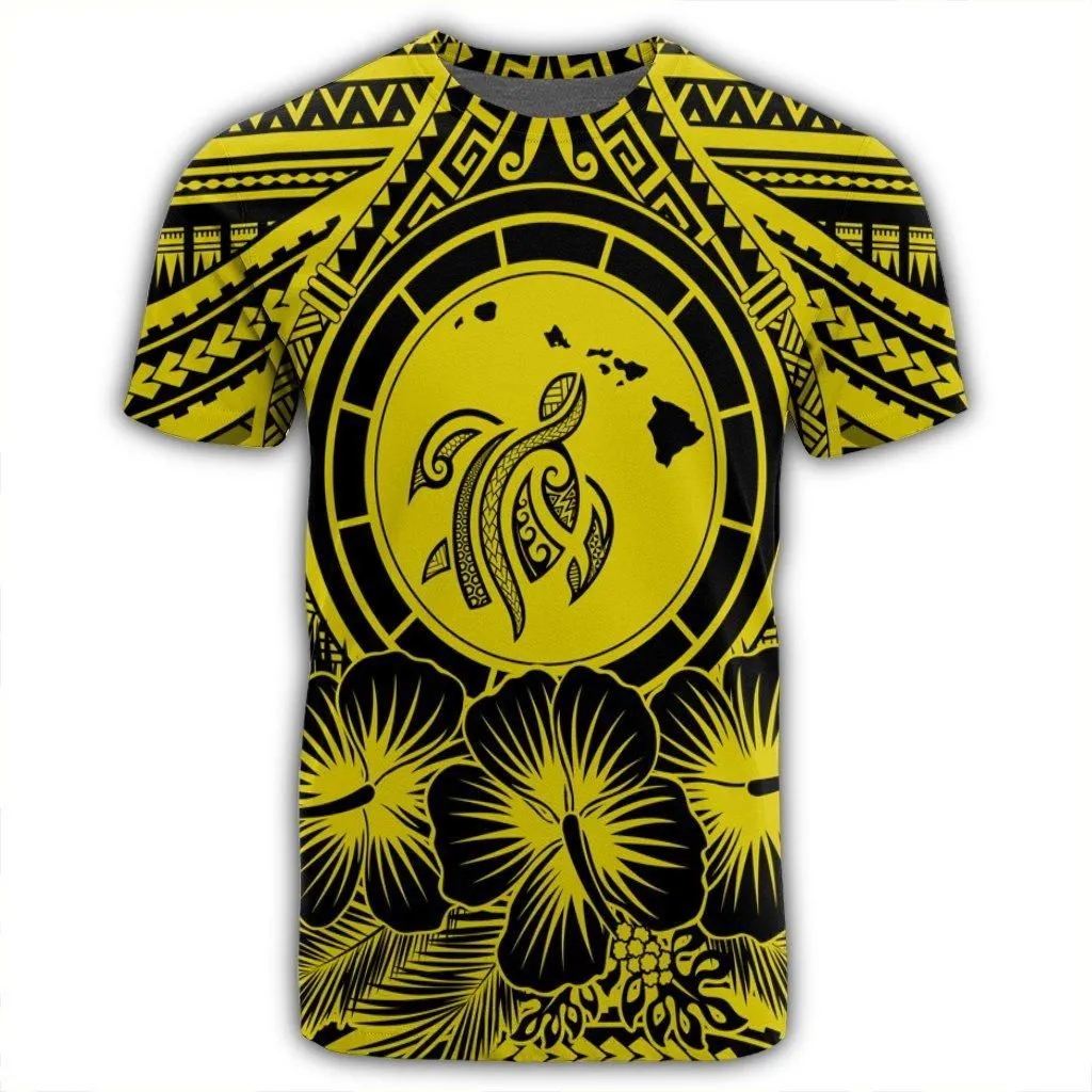 Hawaiian Map Honu Hibiscus Tropic Yellow Polynesian T-Shirt - AH