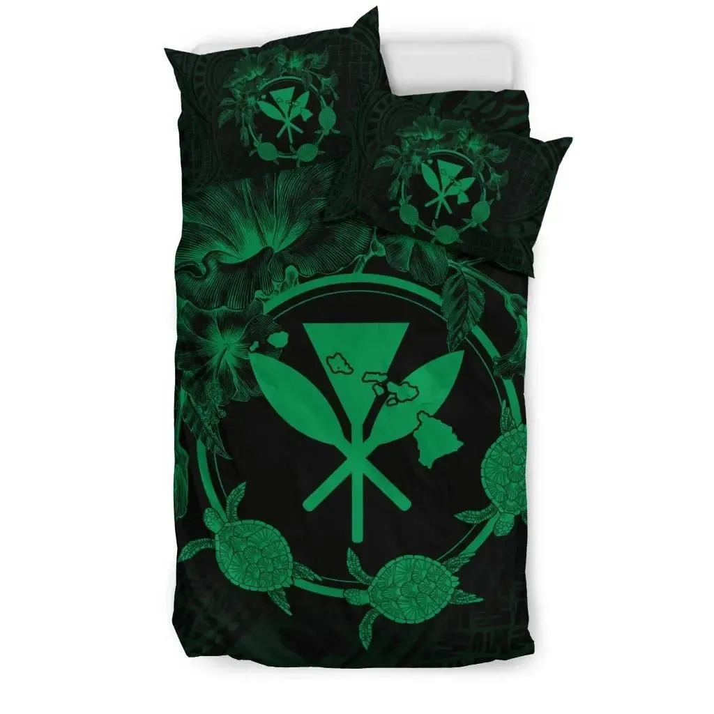 FamilyGater Home Set - Hawaii Kanaka Turtle Hibiscus Polynesian Bedding Set - Anthea Style Green - AH - J4