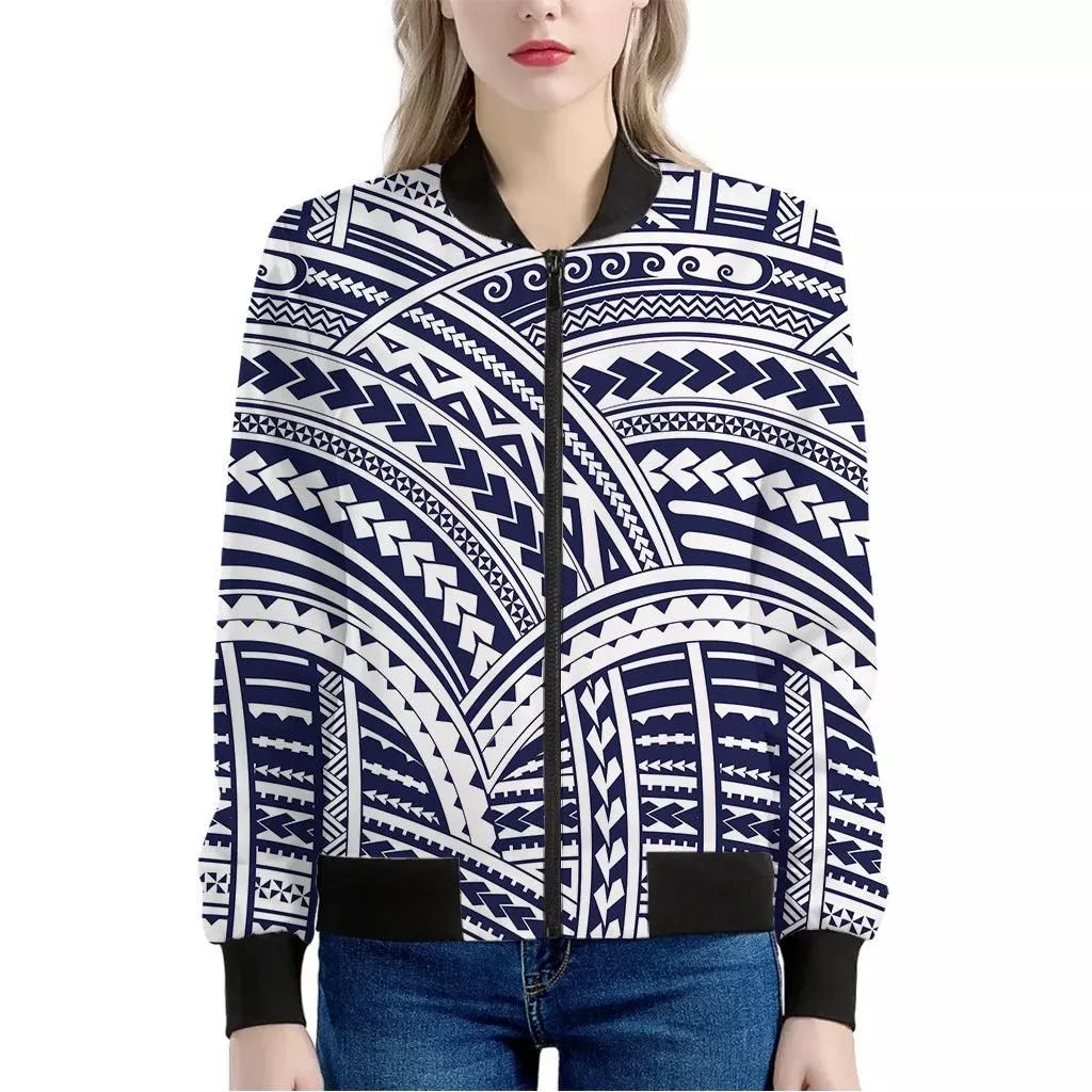 Blue Maori Polynesian Tattoo Print Womens Bomber Jacket