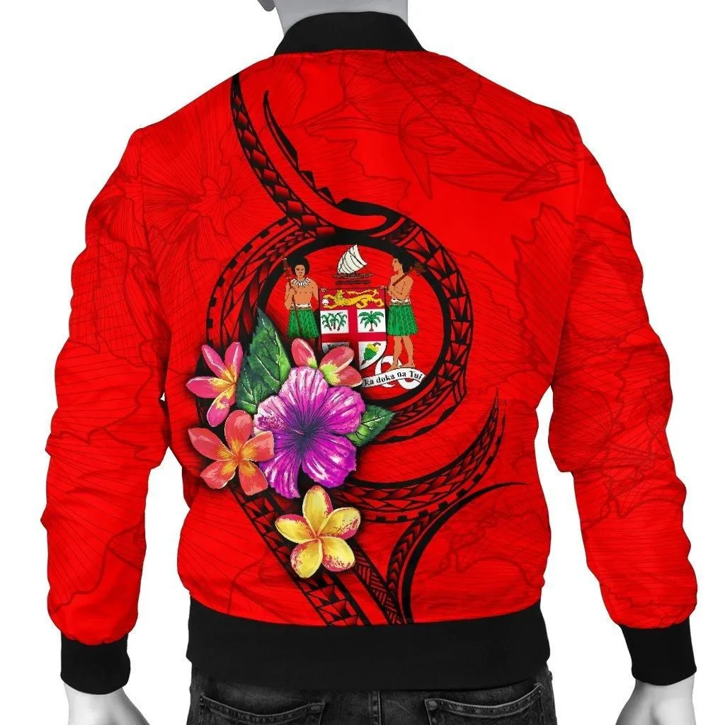 Fiji Polynesian Custom Personalised Mens Bomber Jacket - Floral With Seal Red