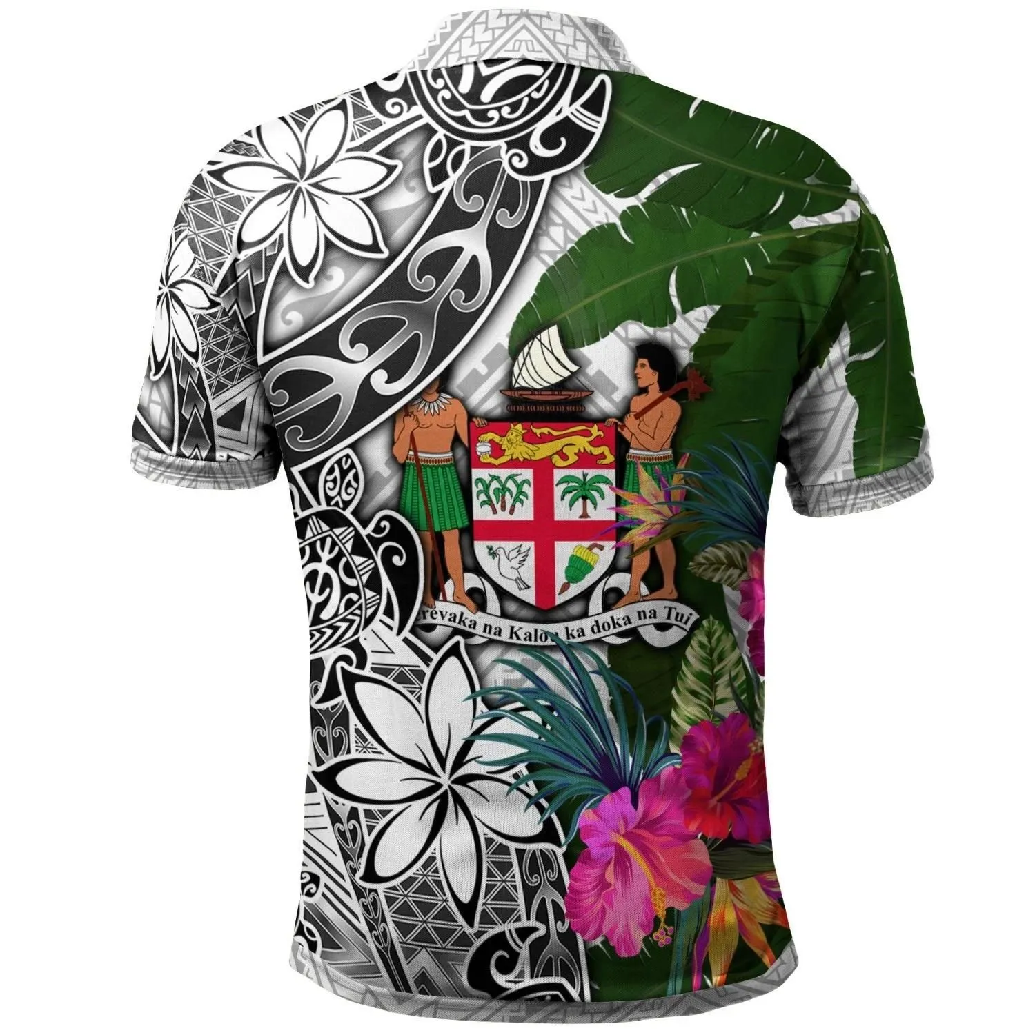 Fiji Polo Shirt White - Turtle Plumeria Banana Leaf Crest - BN11