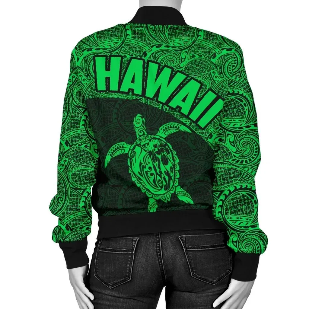 Hawaii Women's Bomber Jacket Turtle Mermaid Polynesian Green Version TH0