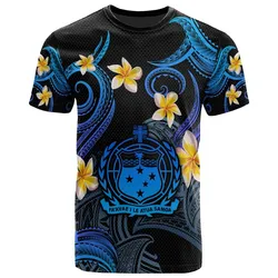 Samoa T-shirt - Custom Personalised Polynesian Waves with Plumeria Flowers (Blue)