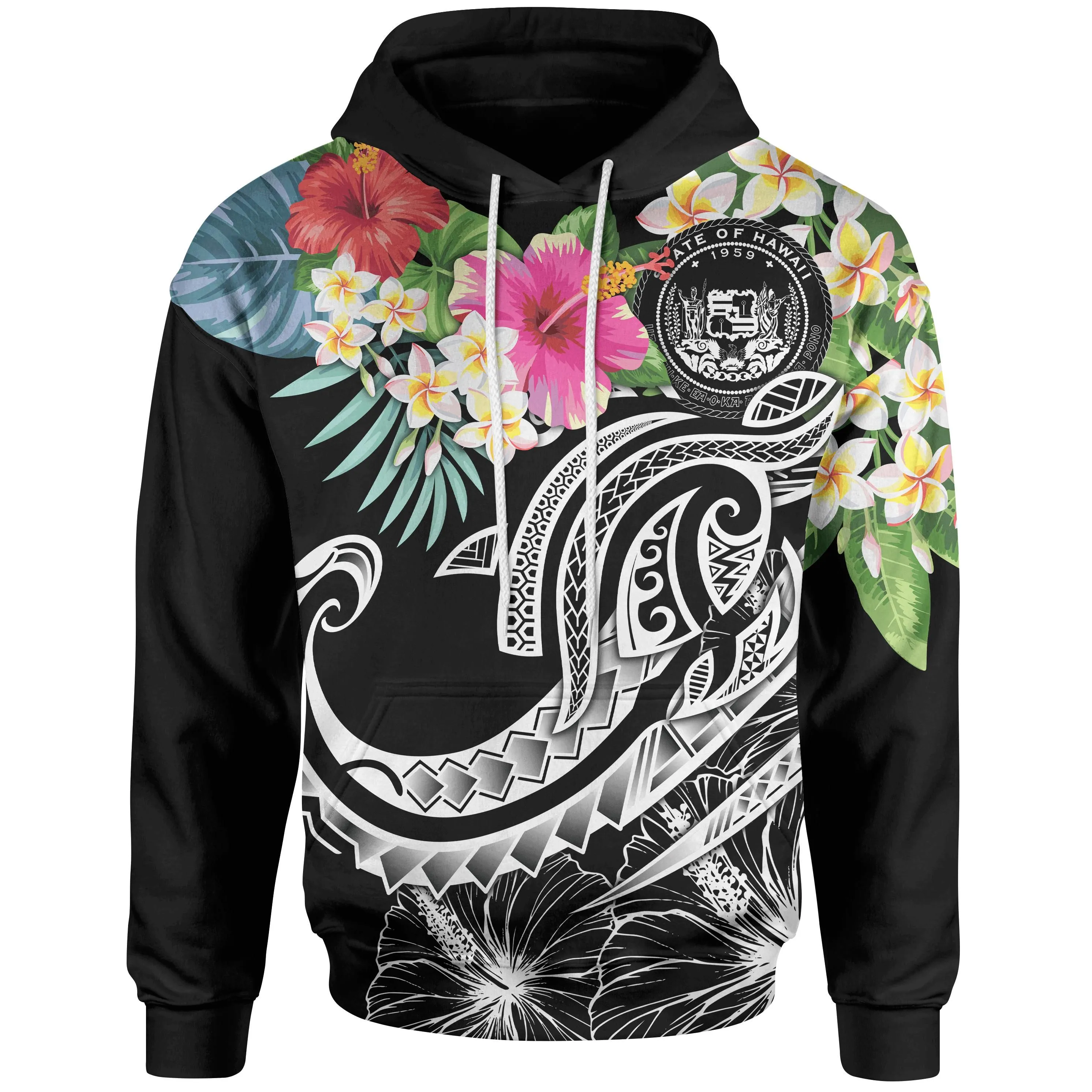 Polynesian Hawaii Hoodie - Summer Plumeria (Black)