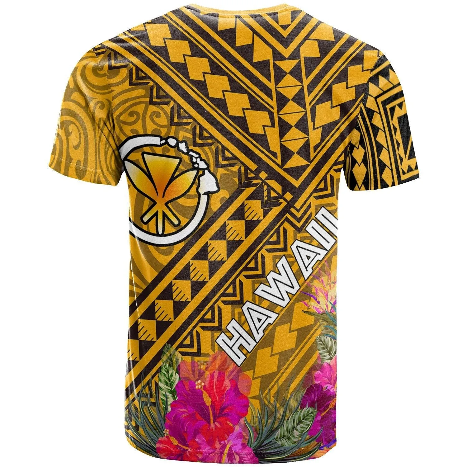 Hawaii T-Shirt - Kanaka Maoli With Hibiscus On Polynesian Patterns (YELLOW)