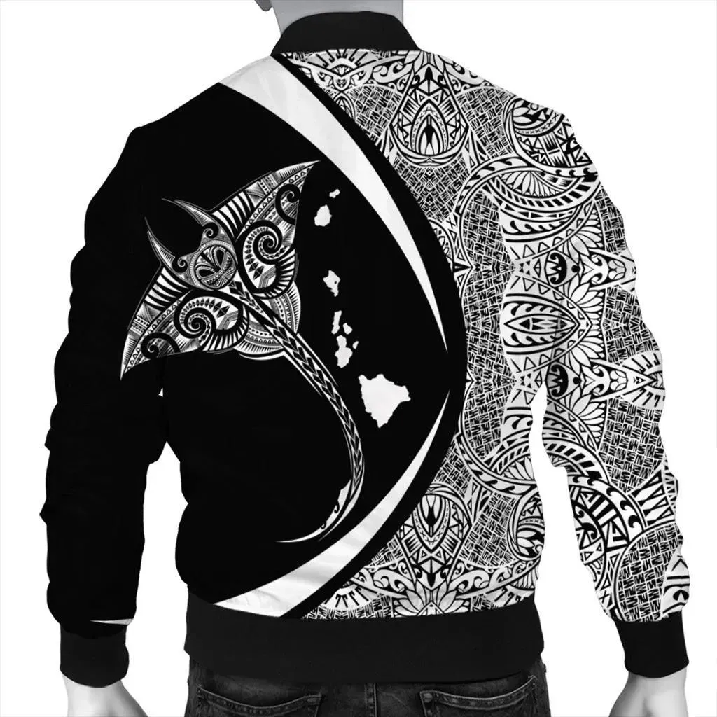 FamilyGater Jacket - Hawaiian Map Manta Ray Polynesian Bomber Jacket - White - Circle Style - AH - J4R