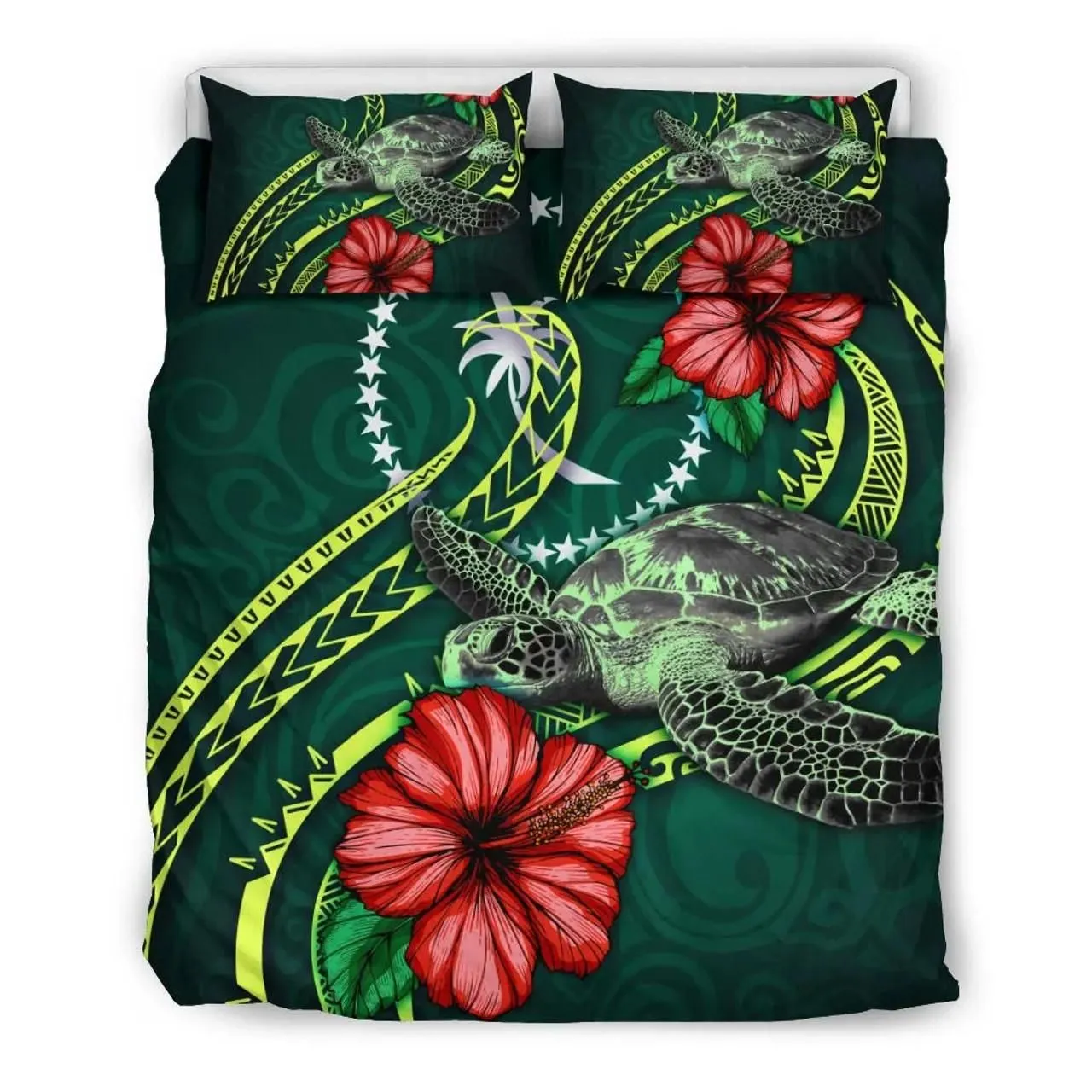 Polynesian Bedding Set - Chuuk Micronesia Duvet Cover Set Green Turtle Hibiscus