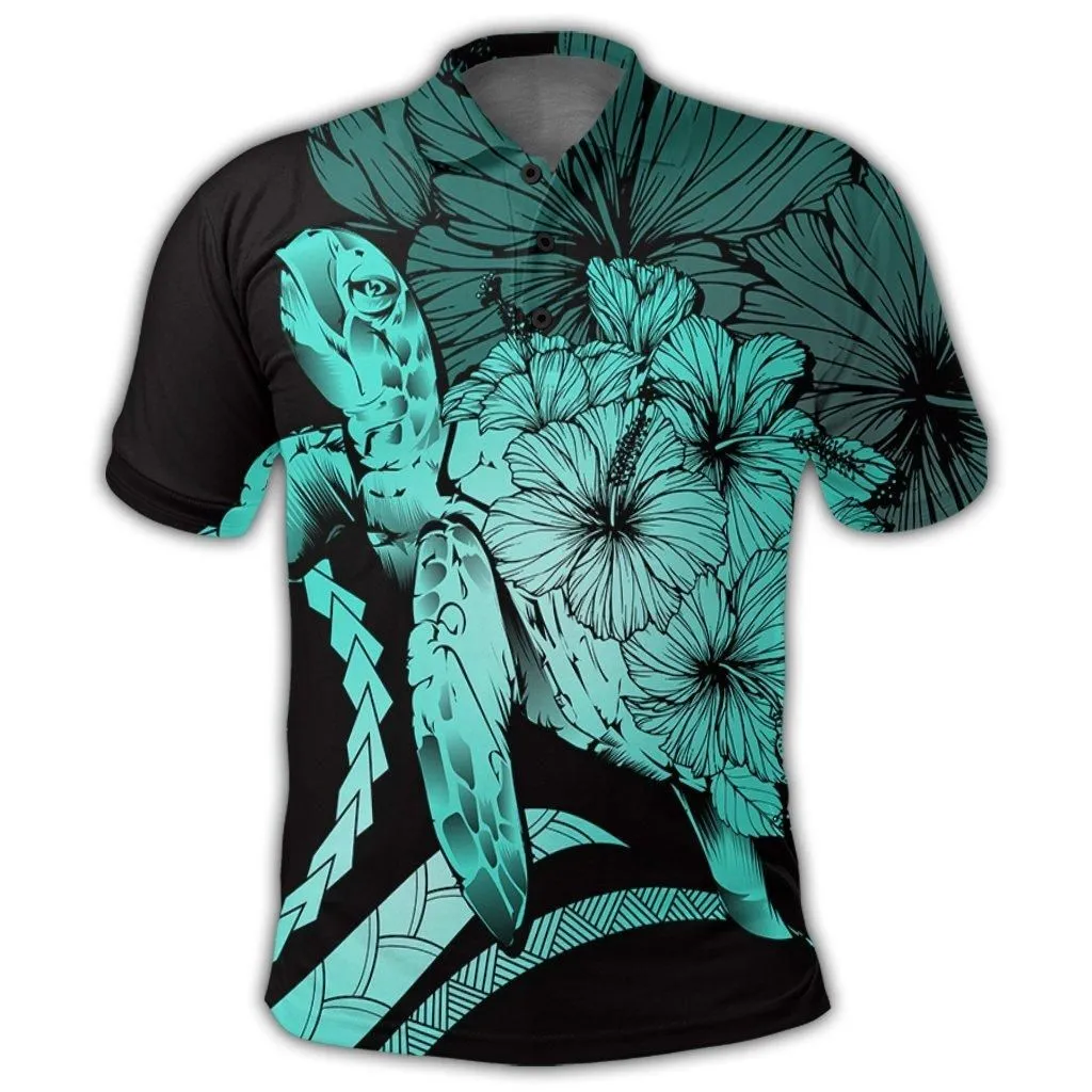 Hawaiian - Hawaii Turtle Hibiscus Polynesian Vintage Polo Shirt - Turquoise - AH