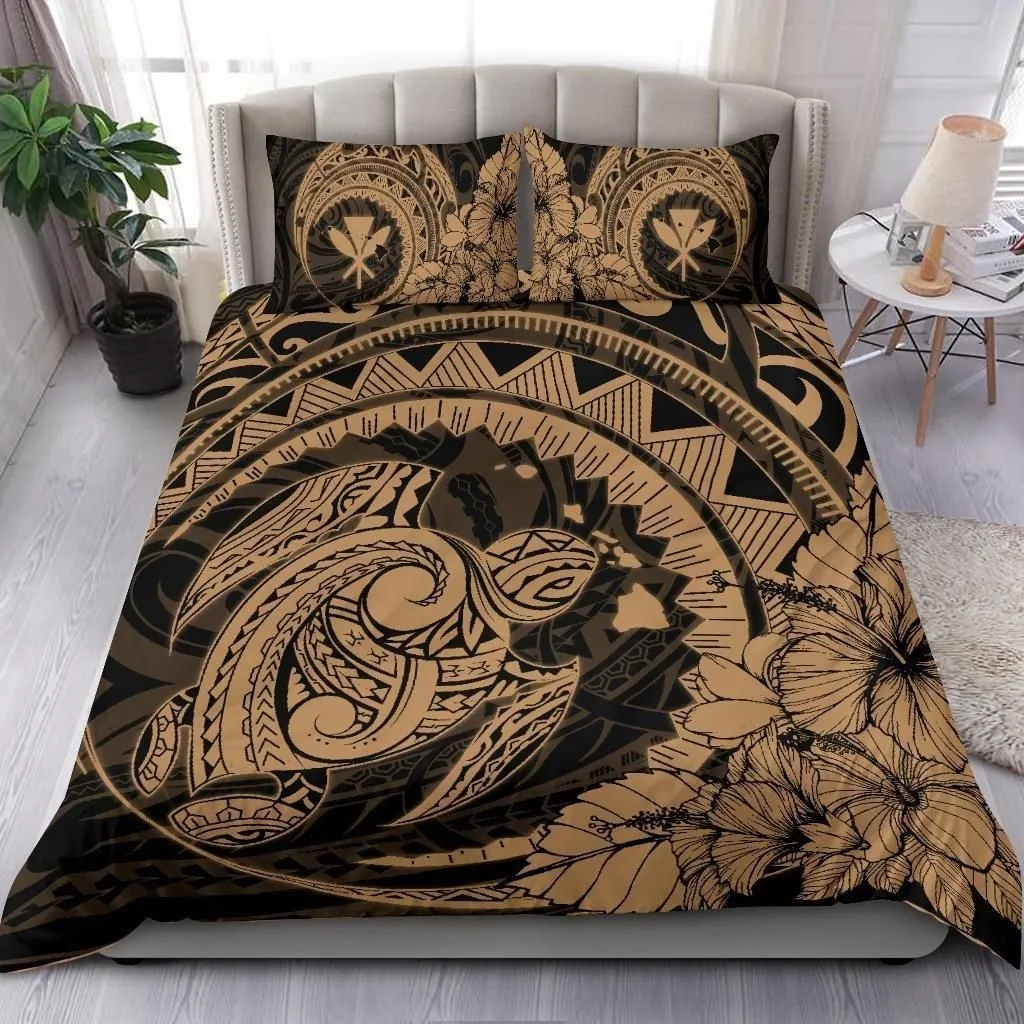 Alohawaii Bedding Set - Cover and Pillow Cases Hawaiian Map Kanaka Honu Hibiscus Gold Globular Polynesian - AH - JD
