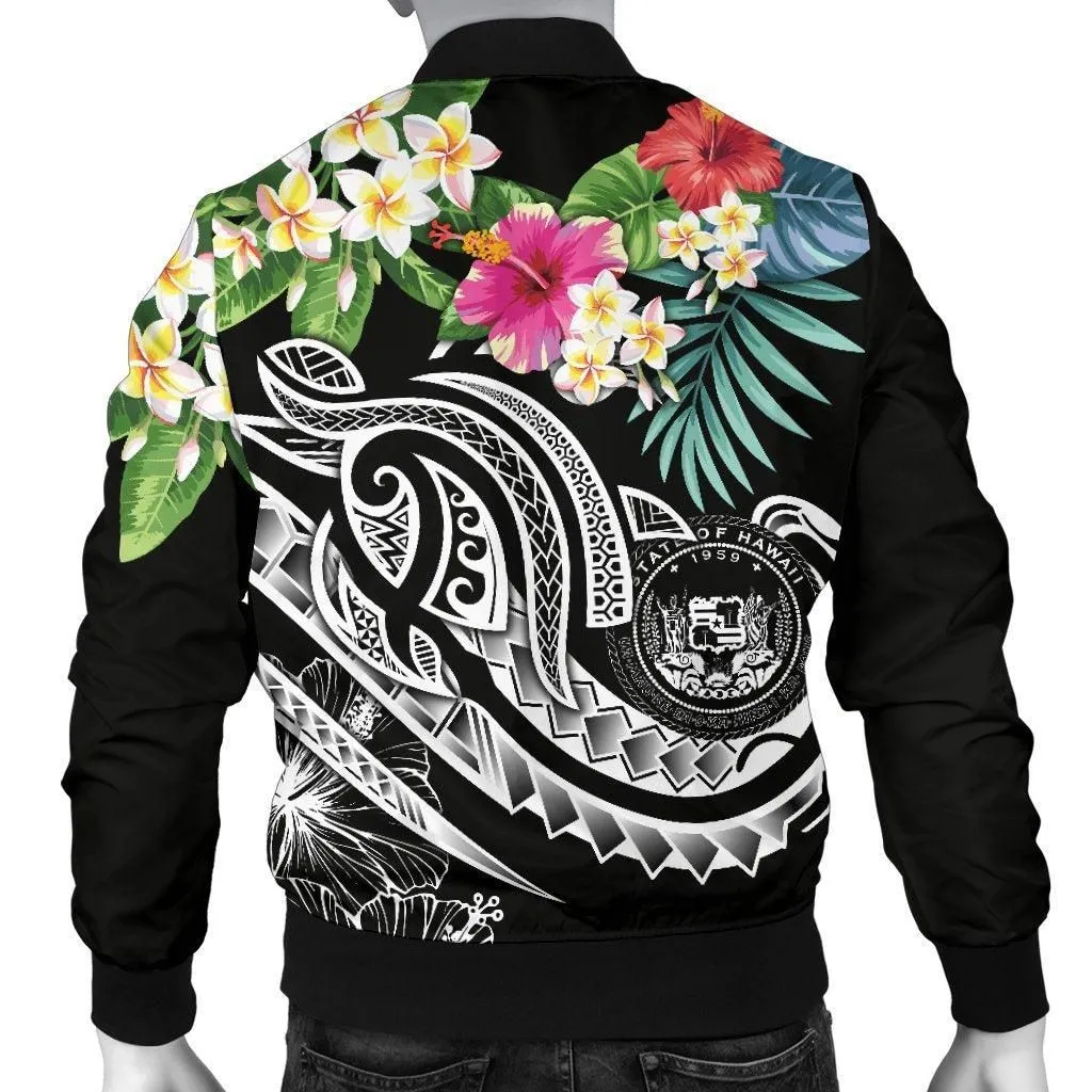 Polynesian Hawaii Mens Bomber Jacket - Summer Plumeria Black