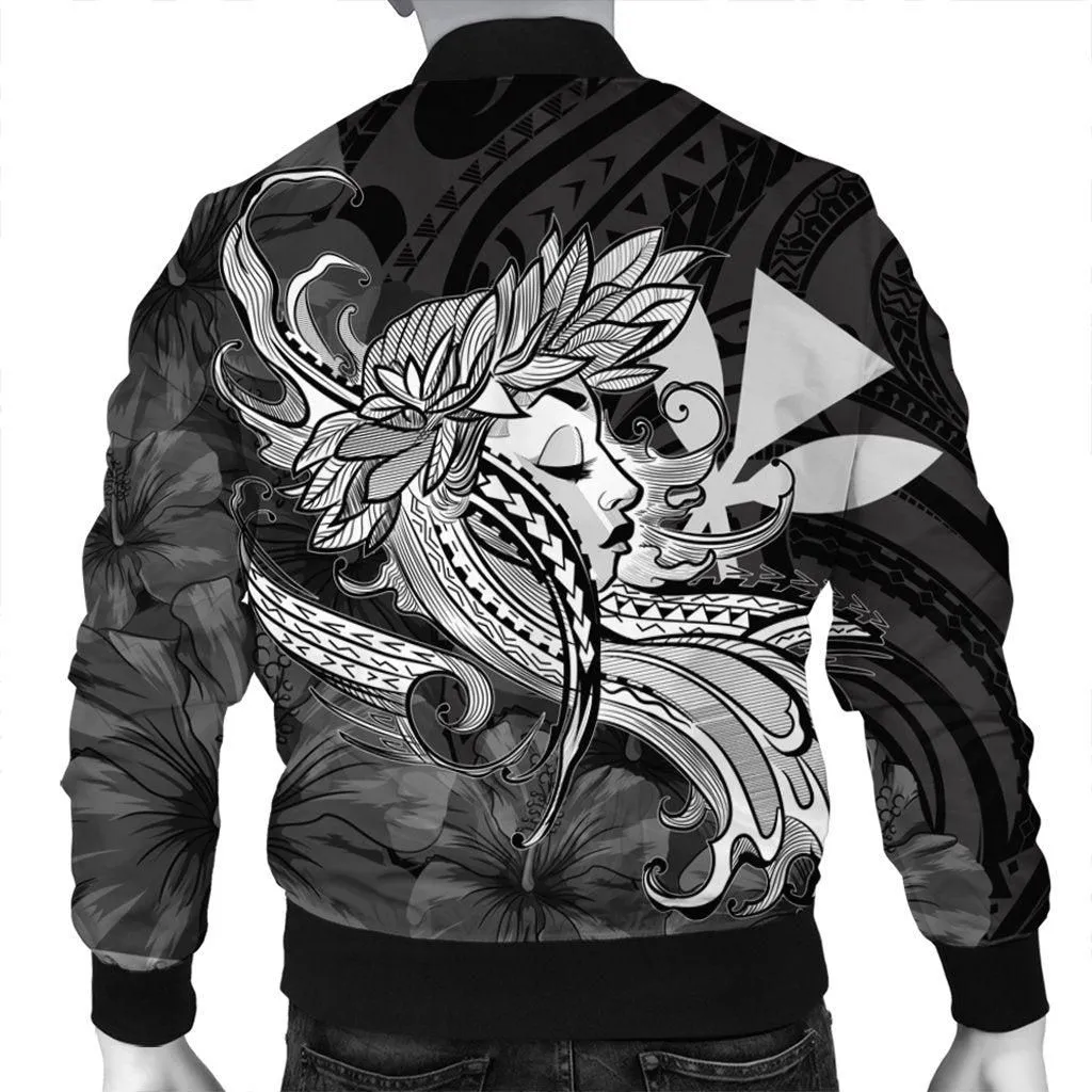 Hawaiian Map Hula Girl Hibiscus Kanaka Polynesian Bomber Jacket - White