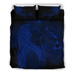 Hawaiian Map Heart Hula Girl Hibiscus Polynesian Bedding Set - Blue