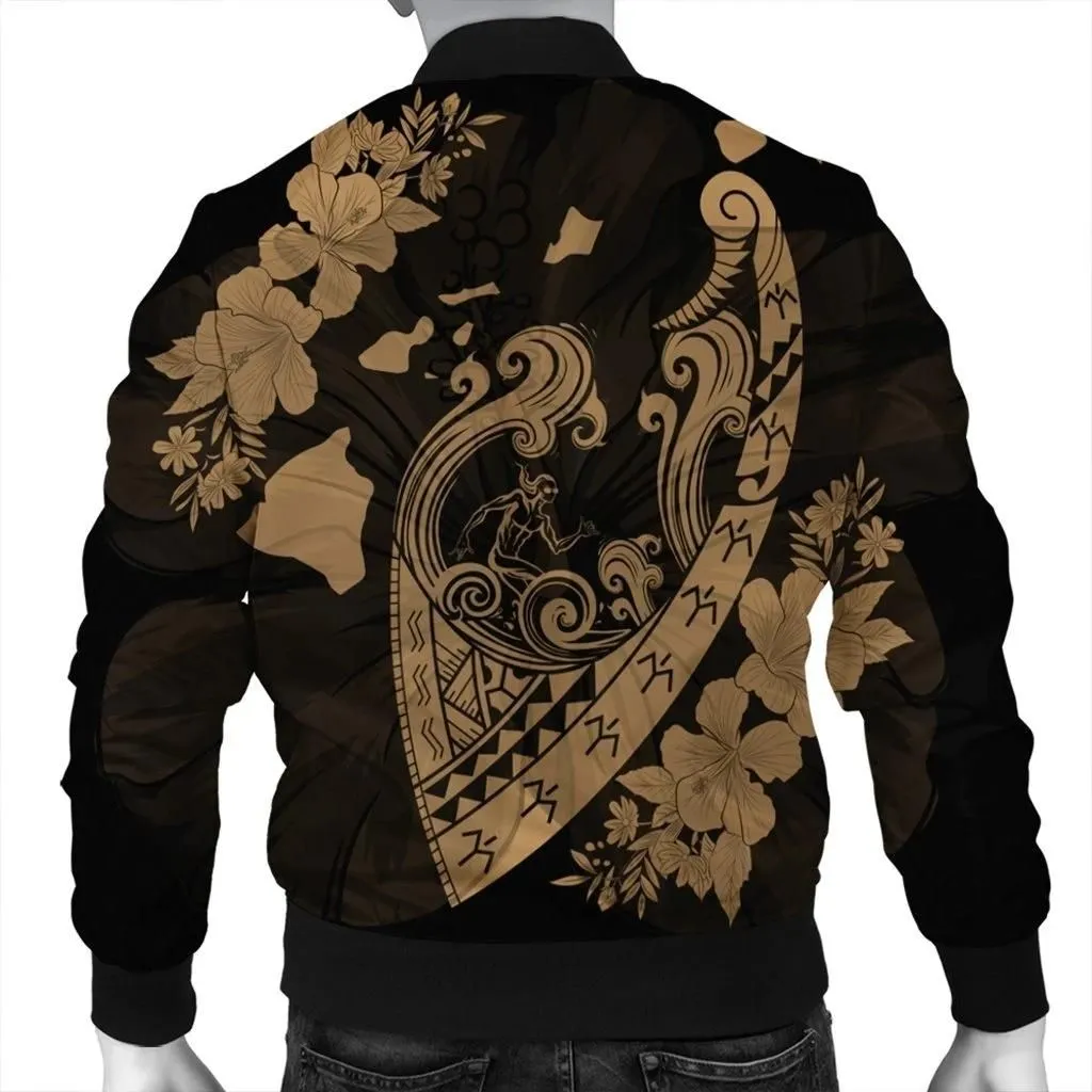 Alohawaii Jacket - Hawaiian Fish Hook Hibiscus Banzai Surfing Polynesian Bomber Jacket Gold - AH - J5R