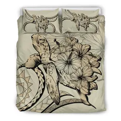 Hawaiian Bedding Set - Hawaii Turtle Hibiscus Polynesian Vintage Bedding Set - Beige