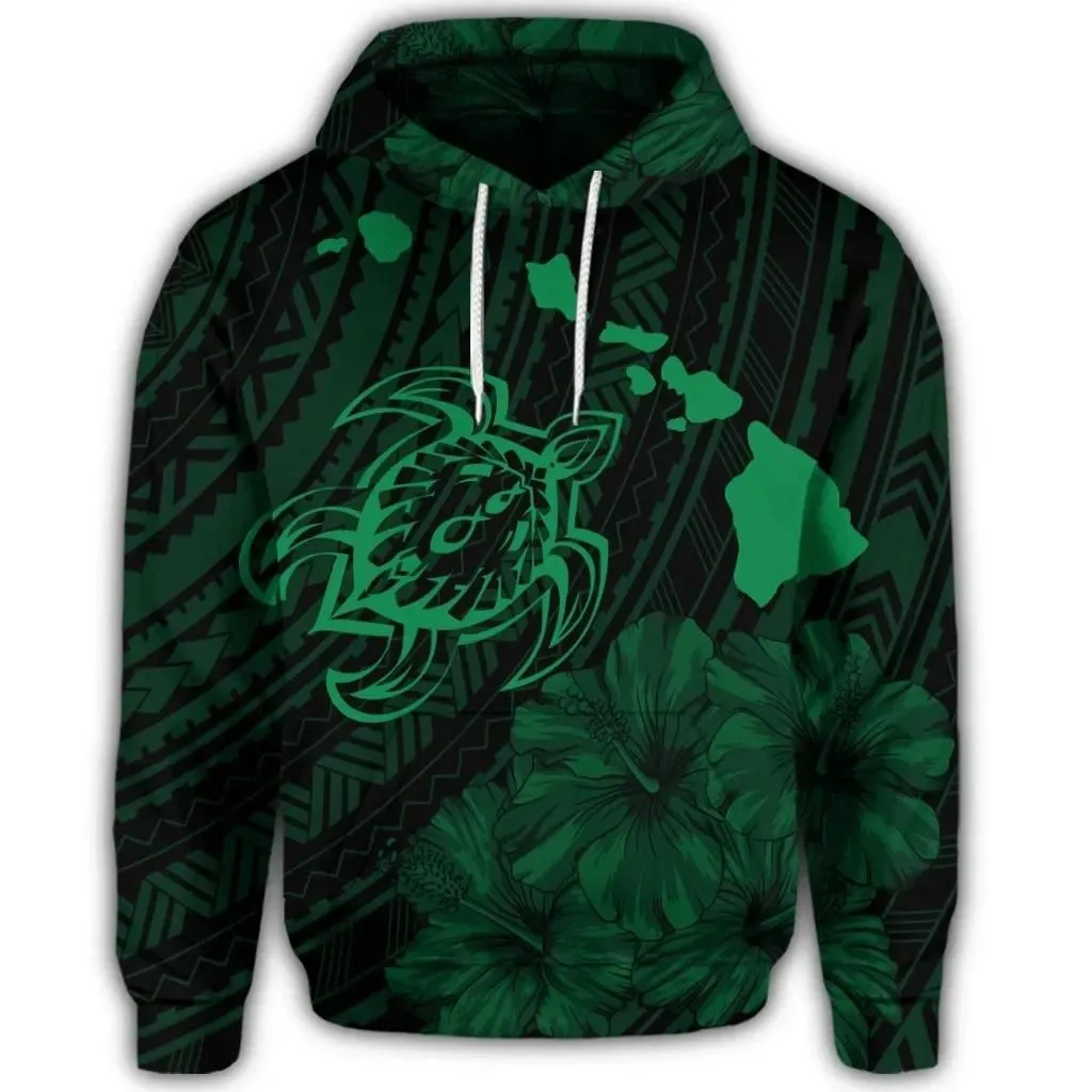 Alohawaii Hoodie - Hawaiian Hibiscus Sea Turtle Swim Polynesian Hoodie - Green - AH - J5R
