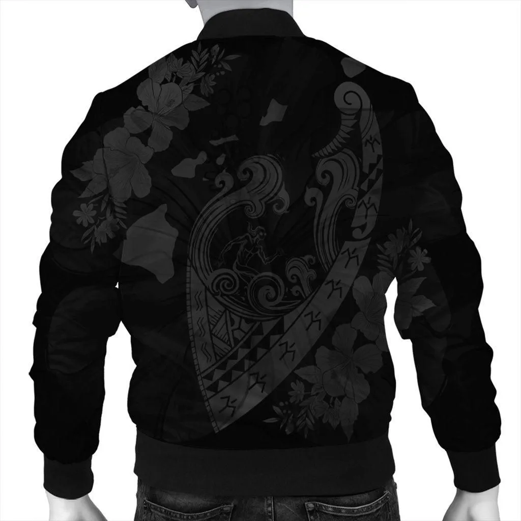 Hawaiian Fish Hook Hibiscus Banzai Surfing Polynesian Bomber Jacket Grey - AH