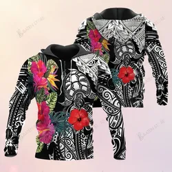 Turtle Polynesian Hawaiian Hibiscus Flower 3D Hoodie Full-Zip Hoodie Sweatshirt T-Shirt