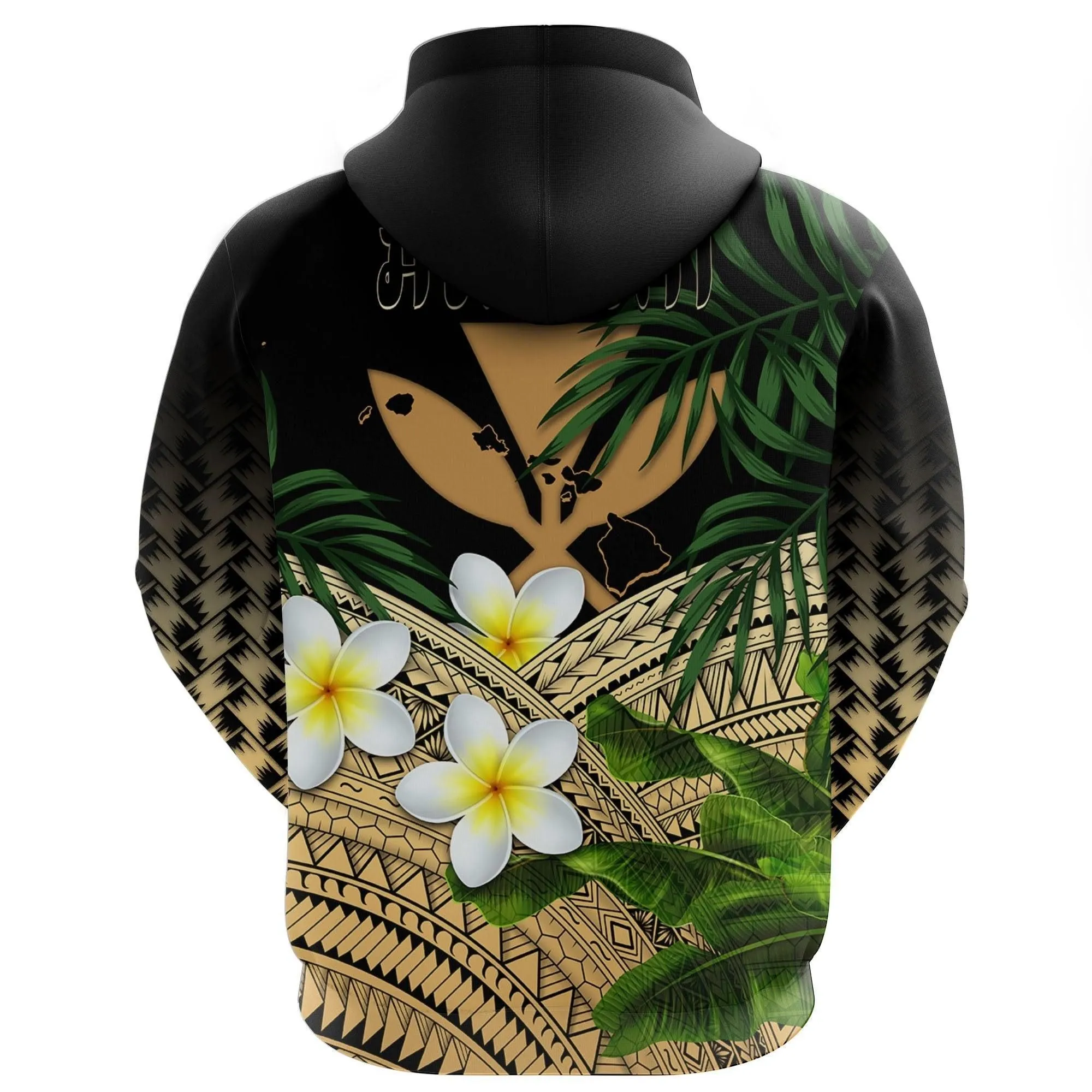 Kanaka Maoli (Hawaiian) Hoodie, Polynesian Plumeria Banana Leaves Gold