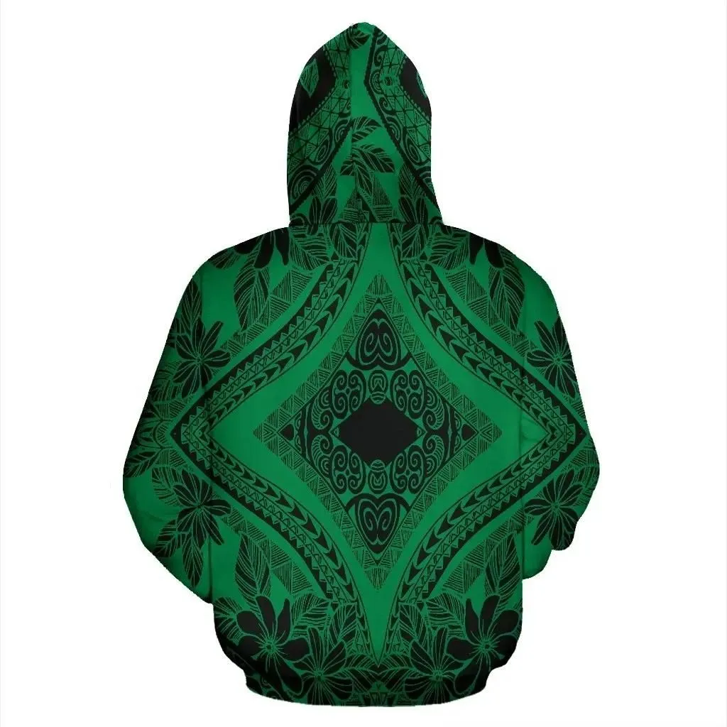 Alohawaii Hoodie - Polynesian Plumeria Mix Green Black Pullover - AH - JR