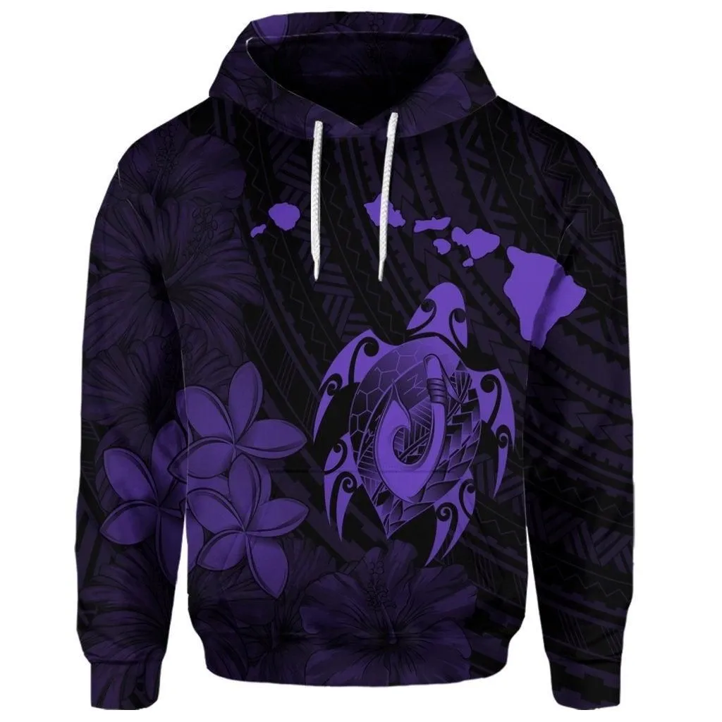 (Personalised) Hawaiian Map Turtle Plumeria Hibiscus Fish Hook Polynesian Hoodie Purple