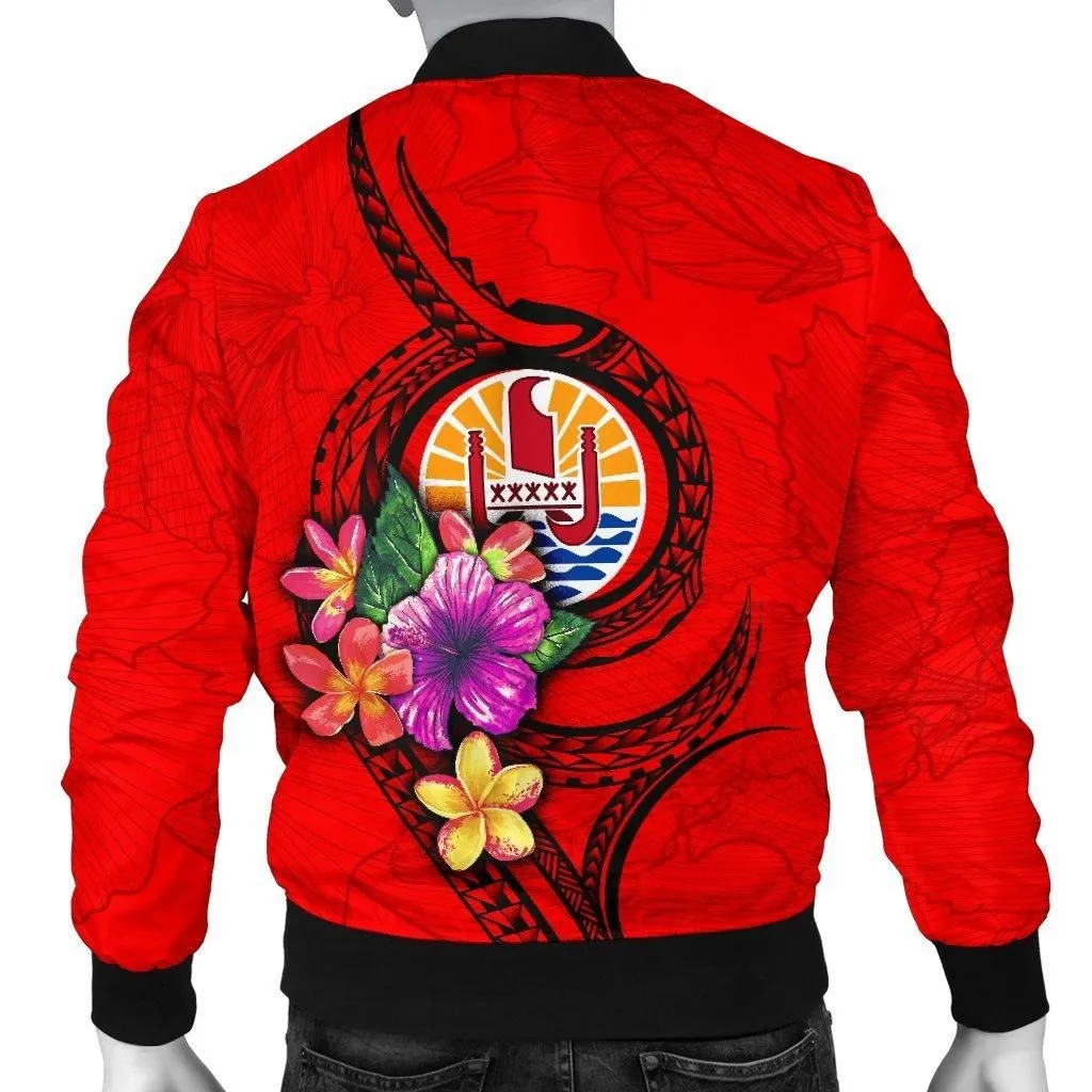 Tahiti Polynesian Custom Personalised Mens Bomber Jacket - Floral With Seal Red