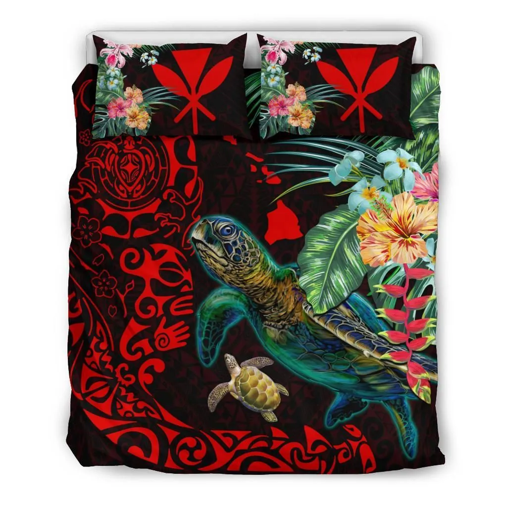 Hawaii Tiki Polynesian Bedding Set - Turtle Mix Hibiscus Red