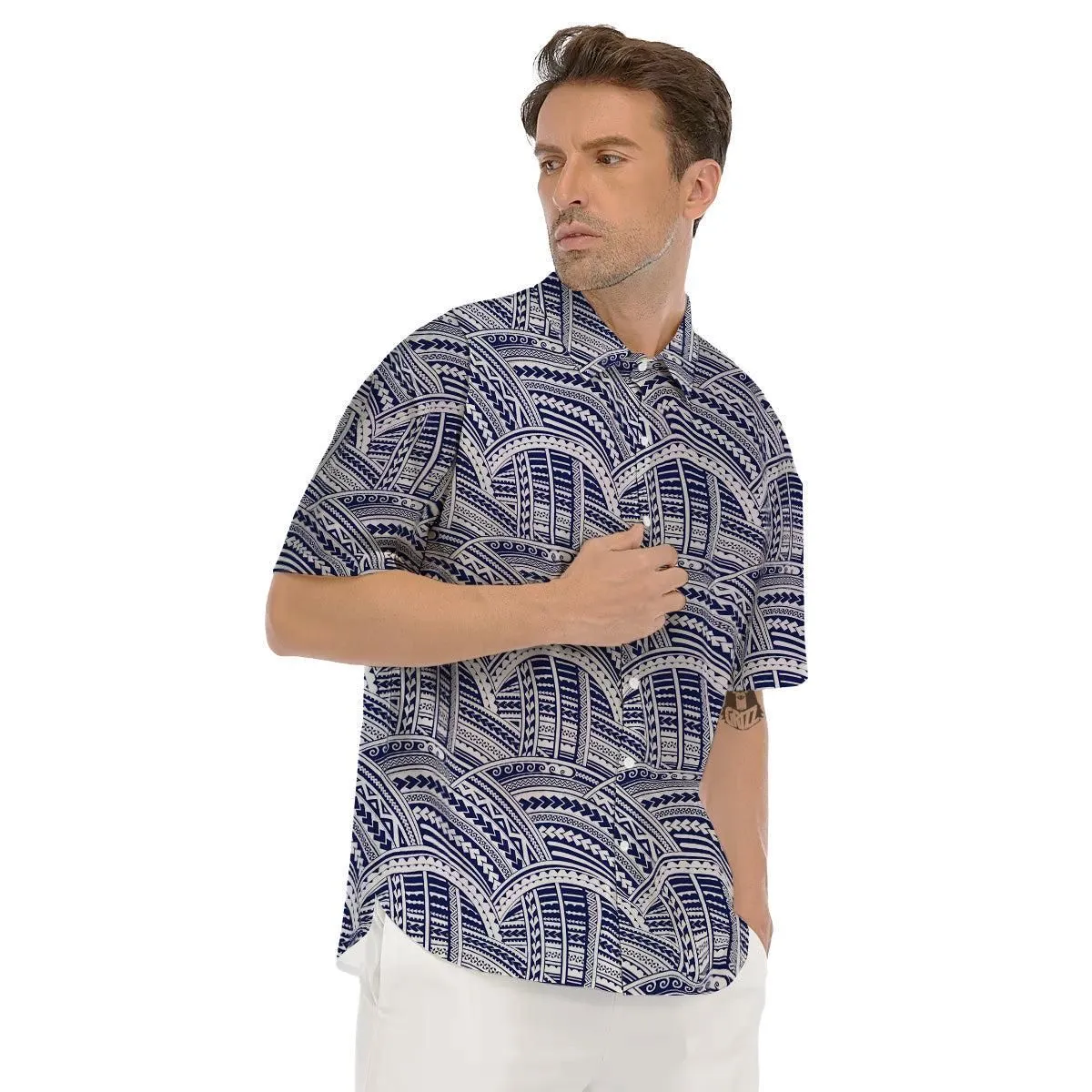 Polynesian Tattoo Blue Maori Print Mens Short Sleeve Shirts