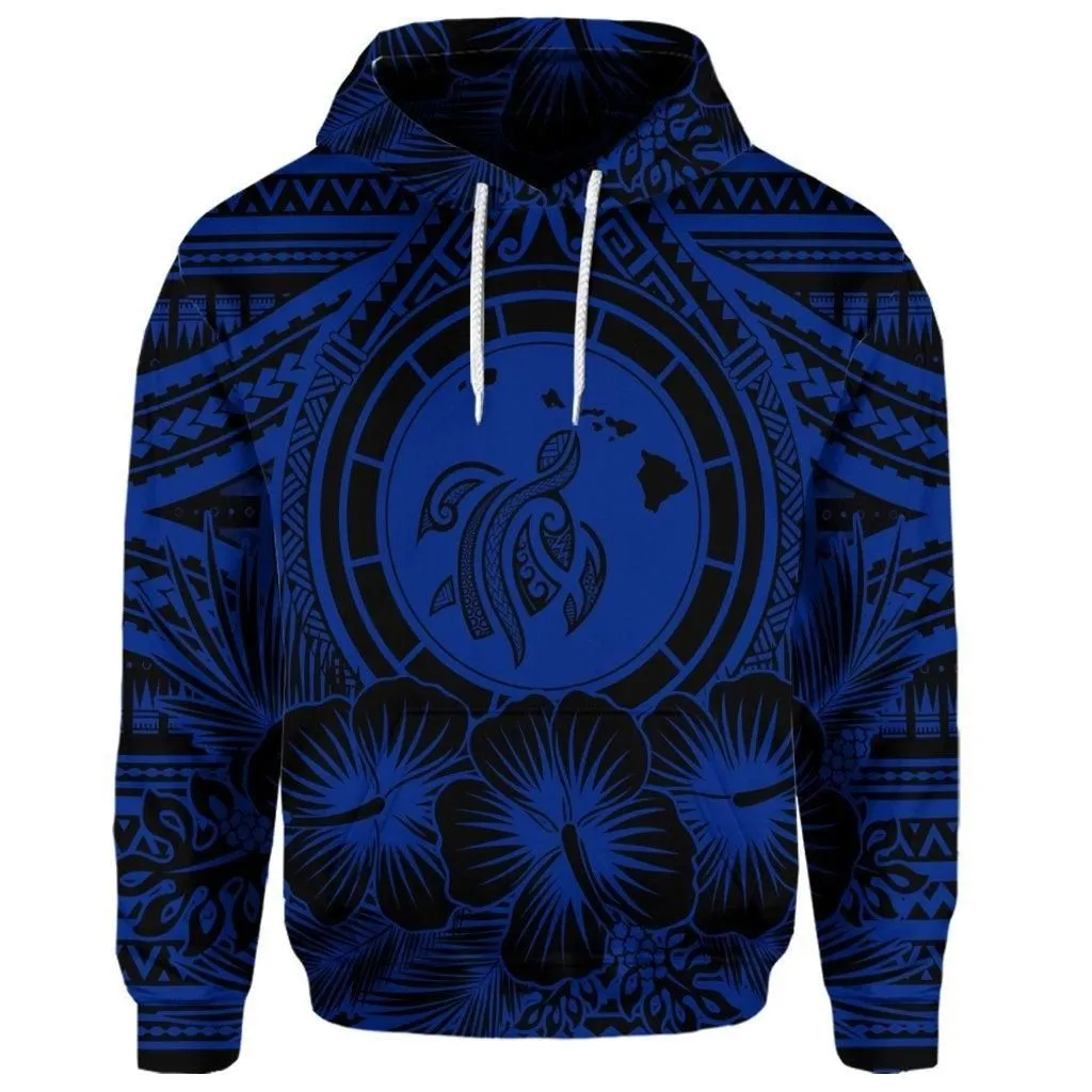 (Personalised) Hawaiian Map Honu Hibiscus Tropic Blue Polynesian Hoodie