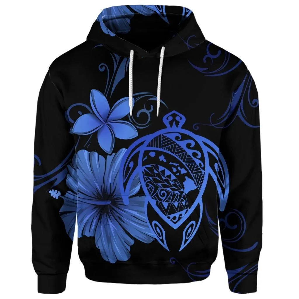 (Personalised) Hawaiian Map Turtle Hibiscus Plumeria Polynesian Hoodie - Blue - AH