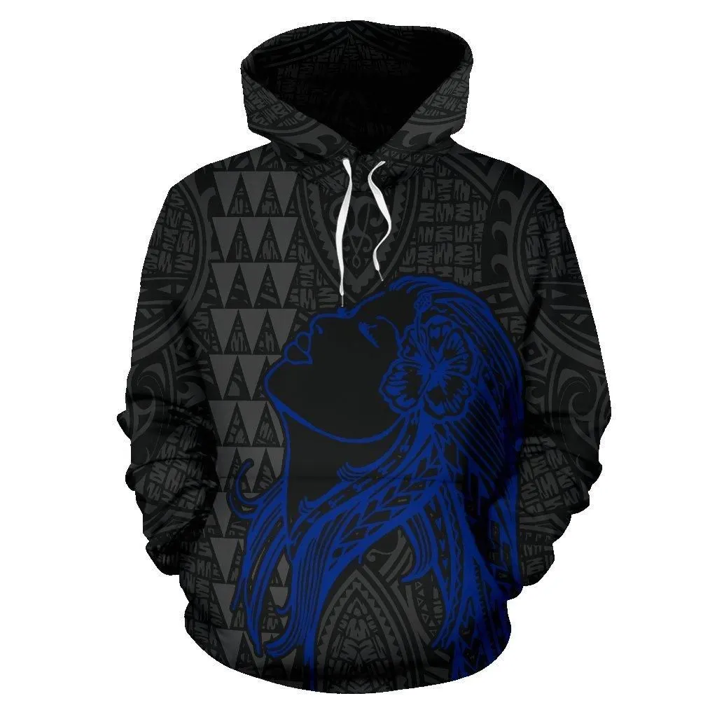 Polynesian Kakau Hula Girl Turtle Hibiscus Hawaii Hoodie Blue